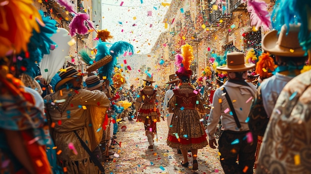 um grupo de pessoas está andando em uma rua com chapéus e penas coloridas