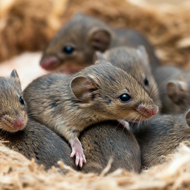 Foto um grupo de ratos está num ninho com feno.