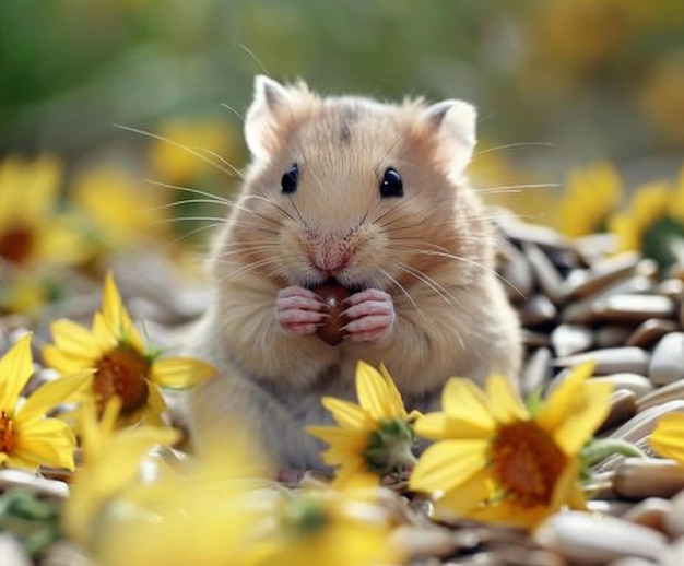 Foto um hamster bonito a comer sementes de girassol.