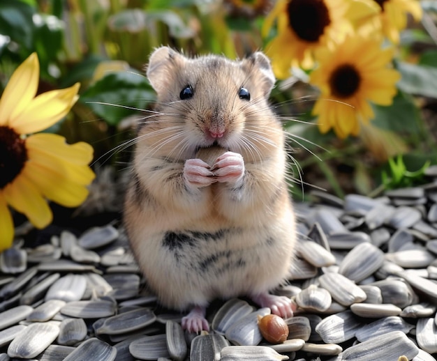 Foto um hamster bonito a comer sementes de girassol.