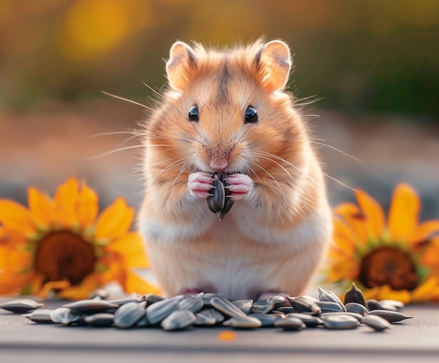 Foto um hamster bonito a comer sementes de girassol.