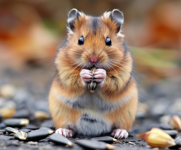 Foto um hamster bonito a comer sementes de girassol.