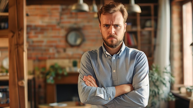 um homem com uma barba e uma camisa azul de pé com os braços cruzados