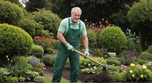 Foto um homem com uma pá está cavando em um jardim