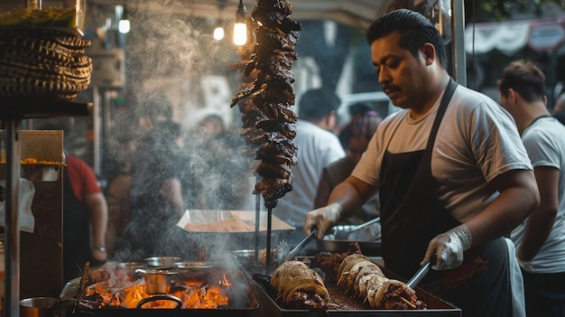 um homem cozinhando carne com um bastão de carne nele