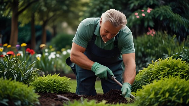 Foto um homem de camisa verde está trabalhando em um jardim