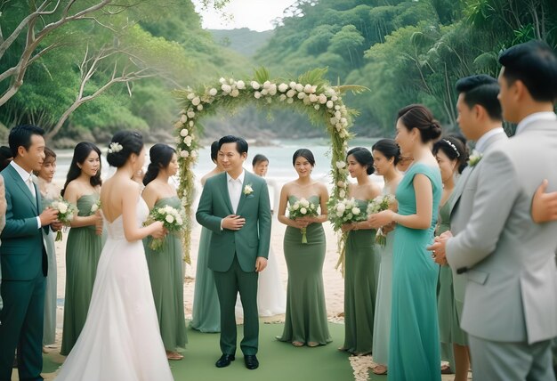 Foto um homem de fato verde está de pé na frente de uma noiva e um noivo