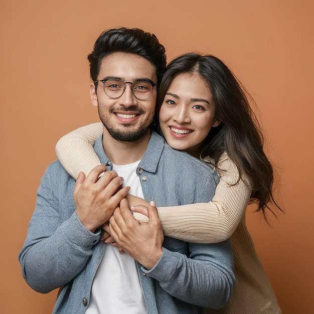 Foto um homem e uma mulher abraçando-se com um sorriso no rosto