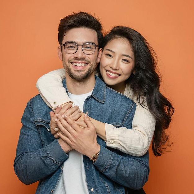 Foto um homem e uma mulher posam para uma foto com um fundo laranja