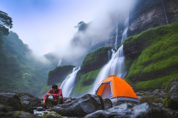 Um homem está sentado em frente a uma barraca em frente a uma cachoeira.