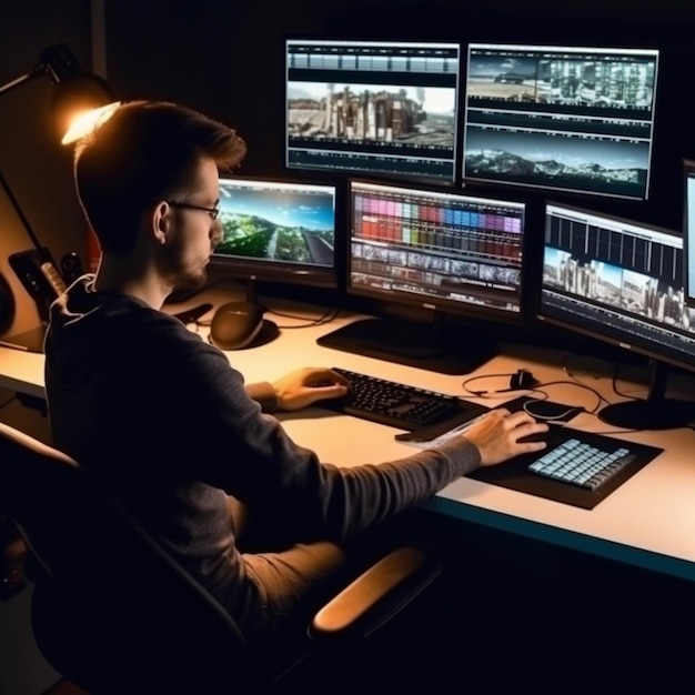 Um homem está sentado em uma mesa em frente a vários monitores de computador, incluindo um monitor de computador que diz 'luz azul'.