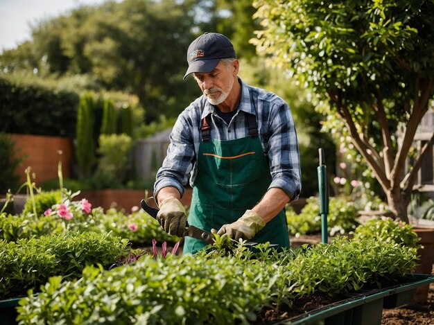 Foto um homem num jardim com um avental azul e um chapéu