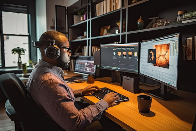 Um homem sentado em uma mesa com dois monitores de computador