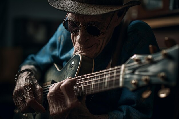 Foto um homem tocando violão com um chapéu e óculos escuros.