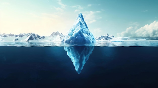 Foto um impressionante iceberg emerge do oceano refletindo beleza e solidão em meio a uma paisagem serena e gelada sob um céu claro.