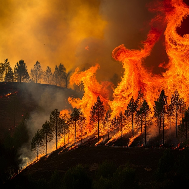 Foto um incêndio florestal com pinheiros do lado dele