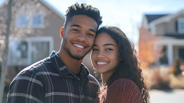 Foto um jovem casal sorri enquanto olha para a câmera