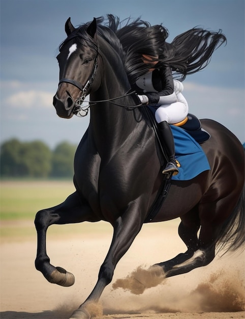 Foto um lindo cavalo preto correndo