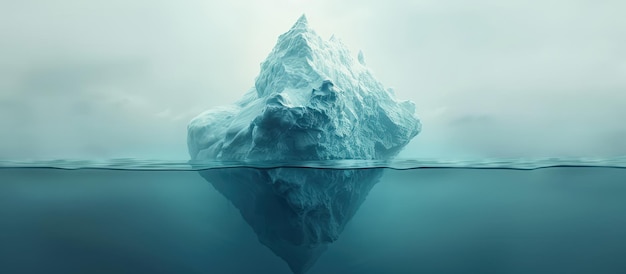 Foto um majestoso iceberg flutuando em águas calmas do oceano com reflexo subaquático em um dia nebuloso