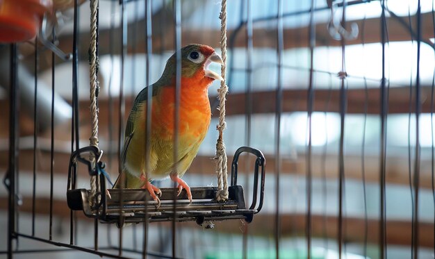 Foto um pássaro está em uma gaiola com uma gaiola que diz pássaro