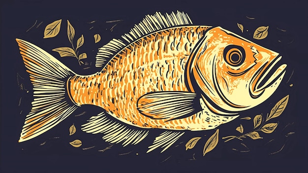 Um peixe com fundo amarelo e folhas no fundo.