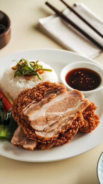 Foto um prato de comida chinesa com um lado de molho