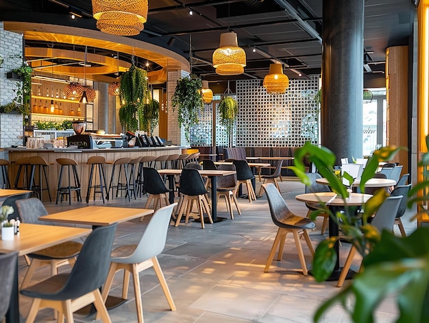 Foto um restaurante com uma planta na mesa e cadeiras