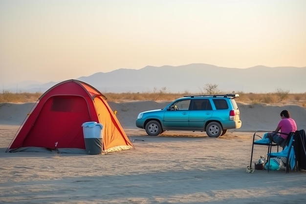 Um SUV azul está estacionado na areia com uma tenda vermelha em primeiro plano.