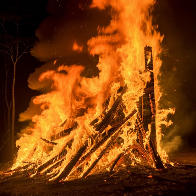 Foto um tronco de árvore está aceso em um fogo