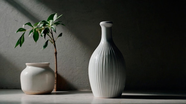 Foto um vaso branco em uma mesa com uma panela e uma planta no fundo