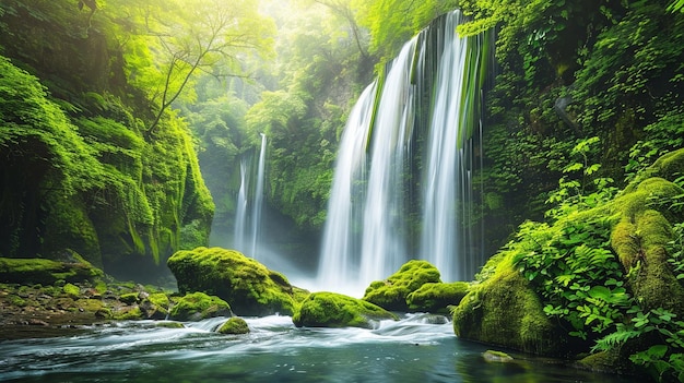 uma cachoeira com um fundo verde e uma cacoeira no fundo