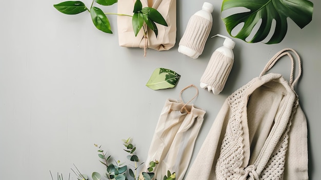 Foto uma camada plana de sacos e garrafas reutilizáveis de cardigan de tricô com vegetação promovendo um estilo de vida sustentável