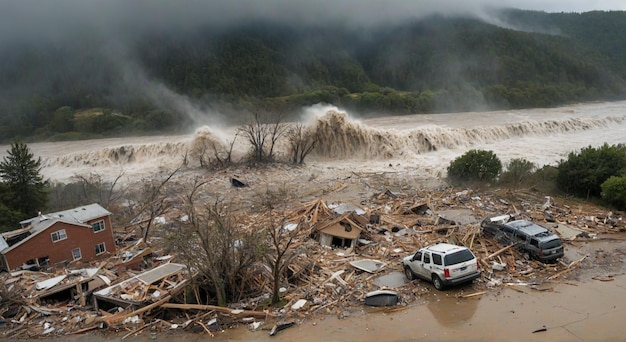 Foto uma carrinha atravessa uma área inundada na frente de uma casa inundada