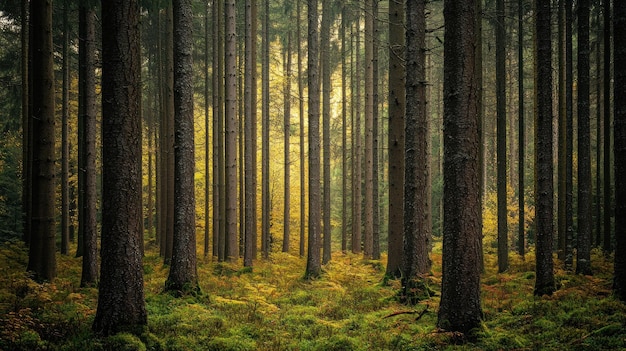 Foto uma cena de floresta serena com árvores altas e folhagem vibrante evocando a tranquilidade e a beleza da natureza