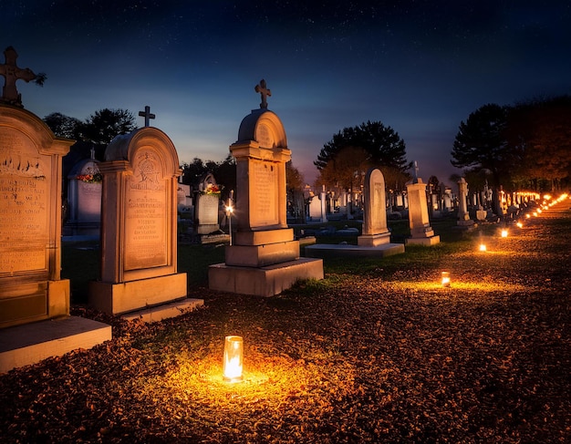 Foto uma cena de realismo mágico misturando o mundo dos vivos e dos mortos dia de muetos