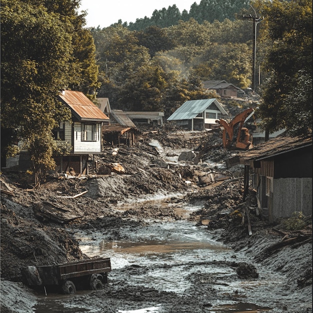 Foto uma comunidade a lidar com as consequências de um deslizamento de terra