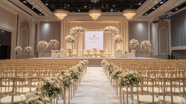 Foto uma elegante cerimônia de formatura interior em um grande salão com fileiras de cadeiras voltadas para um palco decorado com uma bandeira e elegantes arranjos florais o palco é iluminado com spotlights suaves e o