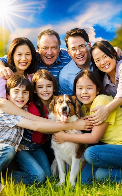 Foto uma família posa para uma foto com um cão e um cão