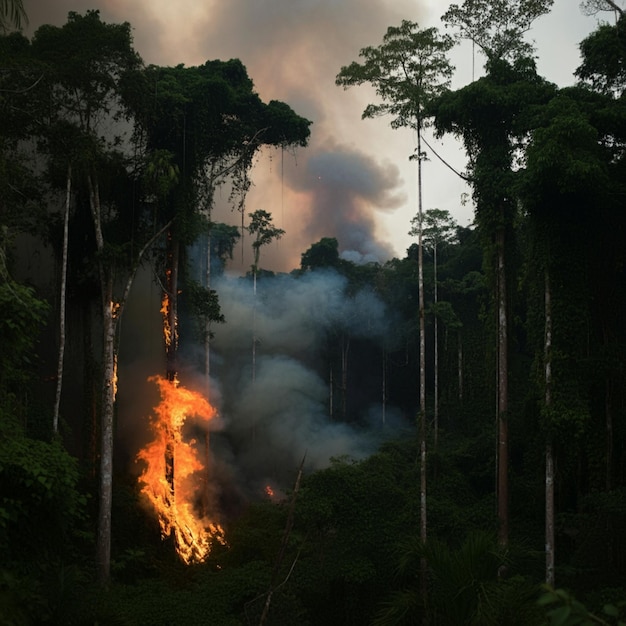 Foto uma floresta com um fogo queimando e uma floresta de árvores ao fundo