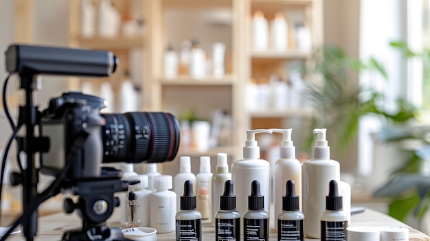 Foto uma foto equilibrada de produtos de beleza sendo fotografada por uma câmera em um estúdio limpo e brilhante