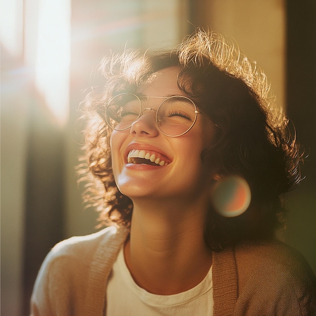 Foto uma foto sincera de uma pessoa rindo ou desfrutando de um momento com luz natural