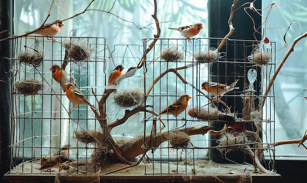 Foto uma gaiola com uma planta nela que tem um bando de pássaros nela