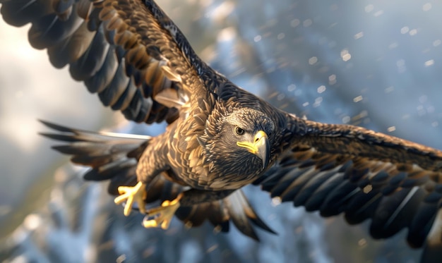 Foto uma majestosa águia voando pelo céu suas garras afiadas estendidas prontas para arrebatar sua presa