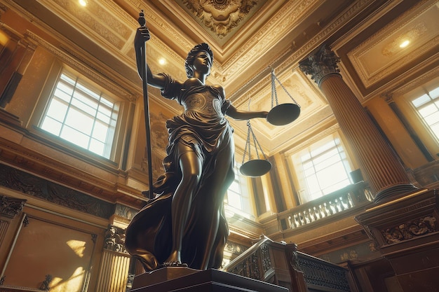 Foto uma majestosa estátua de lady justice fica erguida em um ornamentado tribunal segurando a balança da justiça