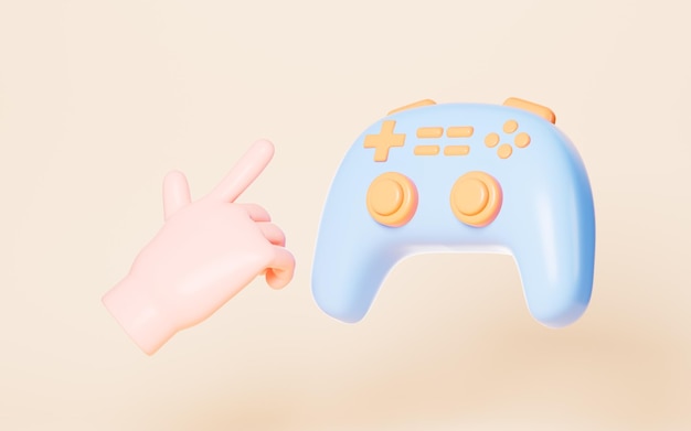 Foto uma mão aperta o botão com renderização 3d do gamepad