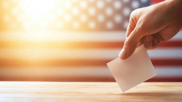 Foto uma mão colocando uma cédula em branco em uma mesa simbolizando a democracia e votando na frente de uma bandeira americana