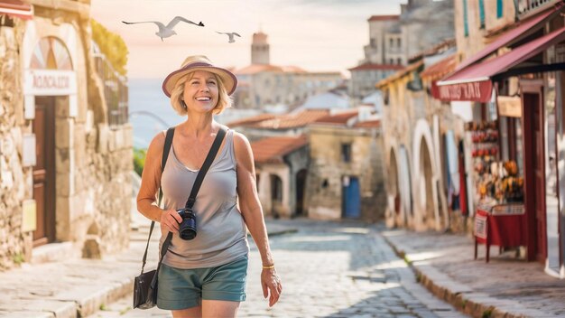 Foto uma mulher caminhando pela rua com um chapéu na cabeça