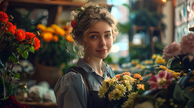 Foto uma mulher com flores no cabelo está em frente a uma loja