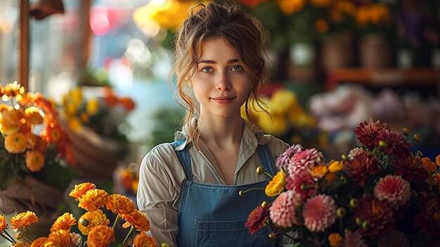 Foto uma mulher com um buquê de flores na frente dela