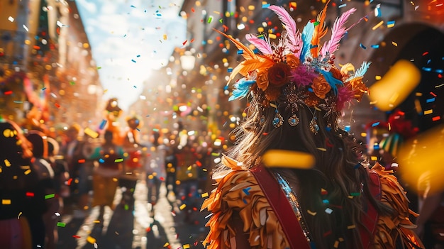 uma mulher com uma roupa colorida com penas em sua cabeça e um chapéu colorido com penas nele